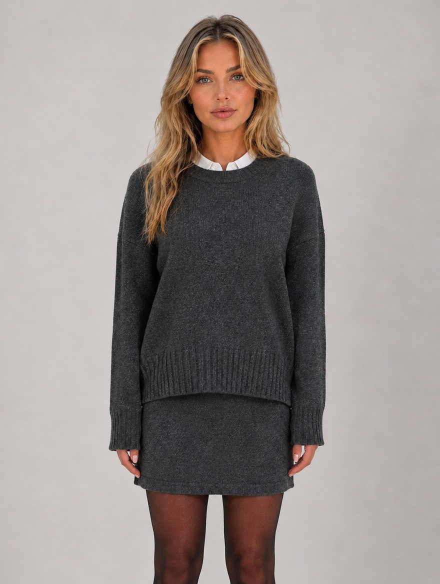 Women’s Knitted Jumper & Mini Skirt Co-Ord Set – Relaxed Two-Piece Outfit — Grey