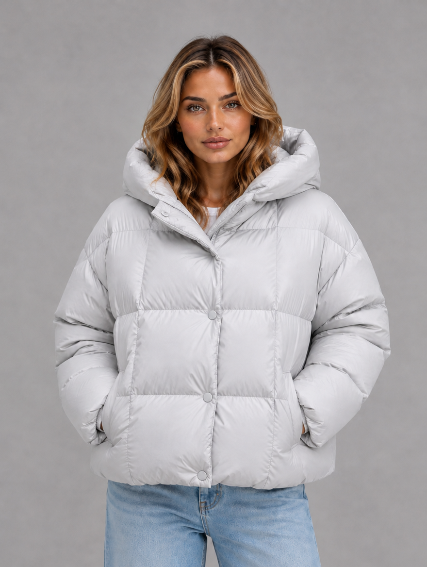 Women’s Oversized Hooded Puffer Jacket – High Collar Winter Coat — Light Grey