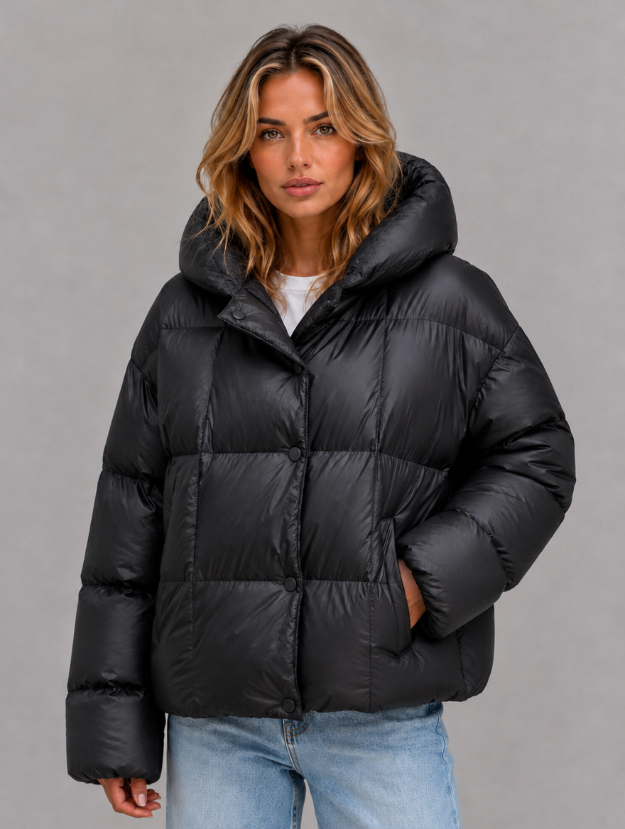 Women’s Oversized Hooded Puffer Jacket – High Collar Winter Coat — Dark Grey