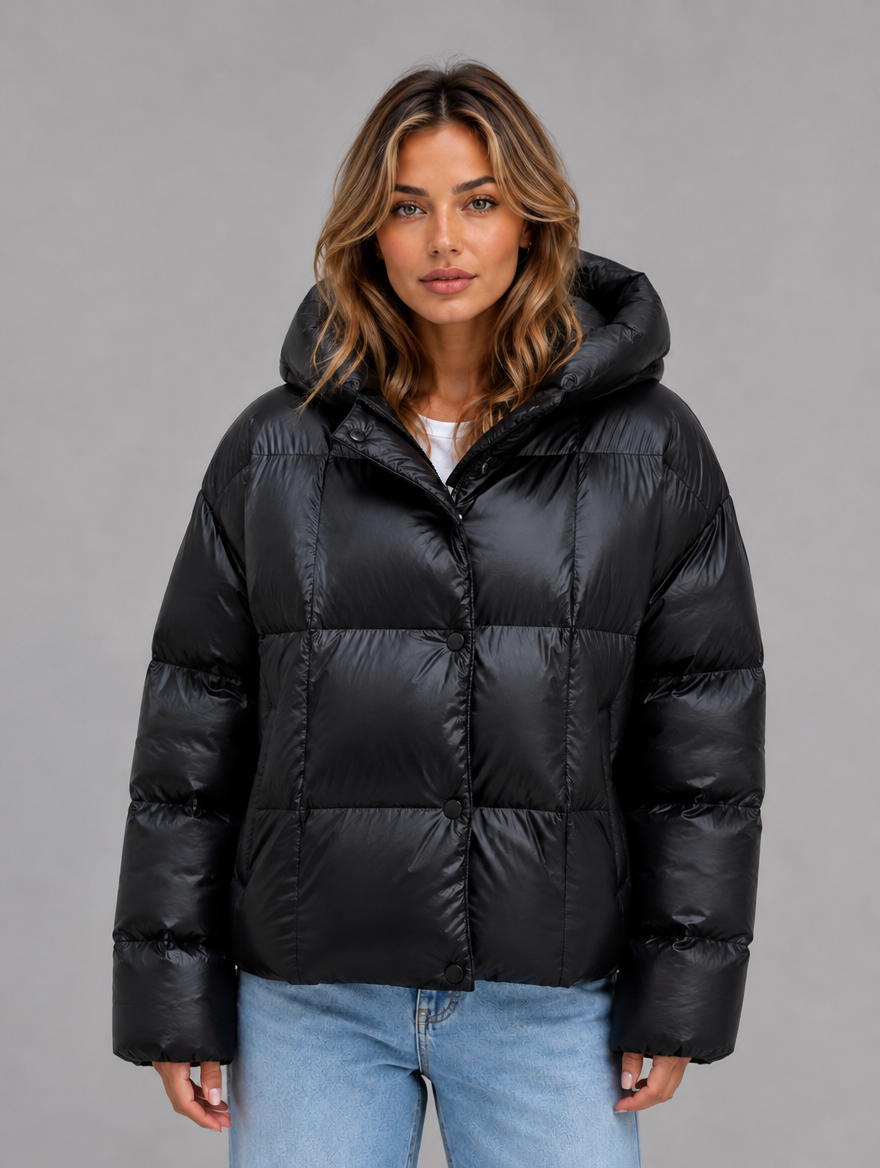 Women’s Oversized Hooded Puffer Jacket – High Collar Winter Coat — Black
