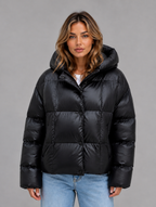 Women’s Oversized Hooded Puffer Jacket – High Collar Winter Coat — Black