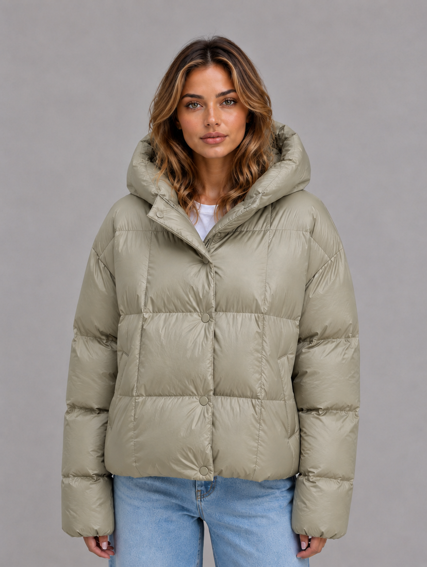 Women’s Oversized Hooded Puffer Jacket – High Collar Winter Coat — Sage Green