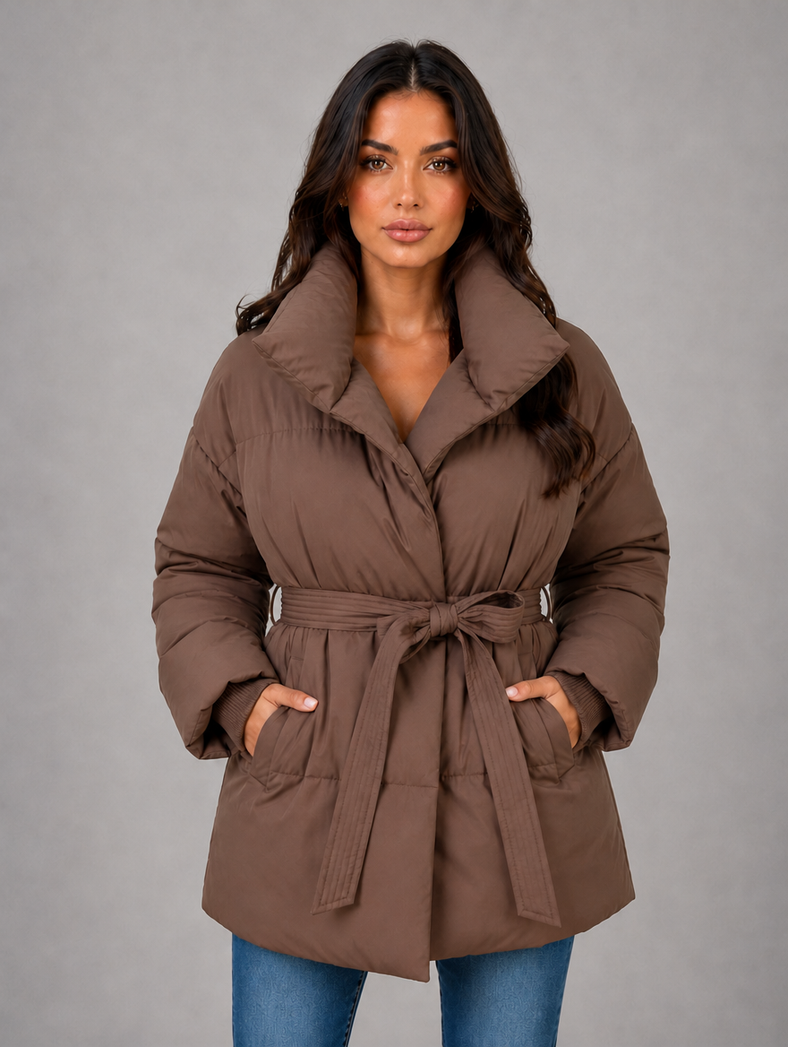 Women’s Belted Puffer Jacket – High Collar Padded Winter Coat — Brown