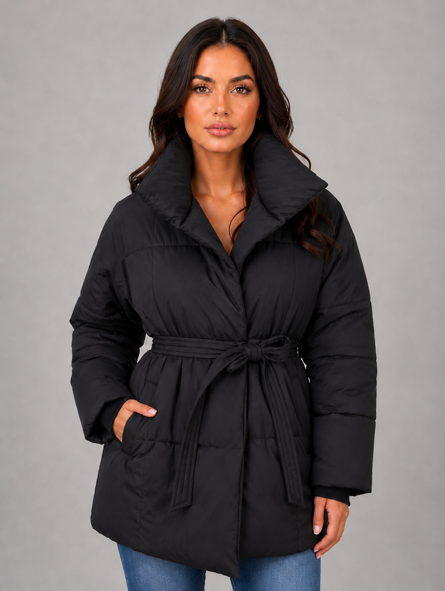 Women’s Belted Puffer Jacket – High Collar Padded Winter Coat — Black