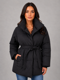 Women’s Belted Puffer Jacket – High Collar Padded Winter Coat — Black