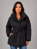 Women’s Belted Puffer Jacket – High Collar Padded Winter Coat — Black