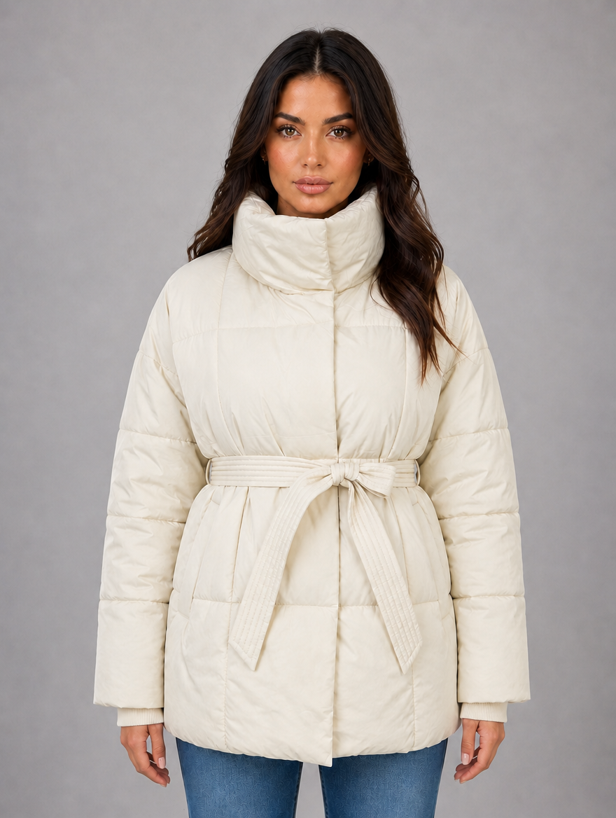 Women’s Belted Puffer Jacket – High Collar Padded Winter Coat — White