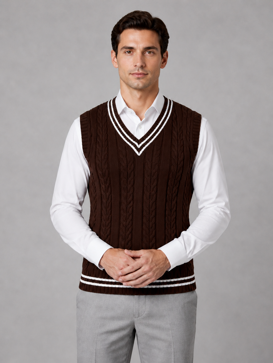 Men’s Cable Knit V-Neck Sweater Vest – Classic Sleeveless Knitted Tank Top — Brown