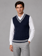 Men’s Cable Knit V-Neck Sweater Vest – Classic Sleeveless Knitted Tank Top — Navy