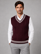 Men’s Cable Knit V-Neck Sweater Vest – Classic Sleeveless Knitted Tank Top — Burgundy