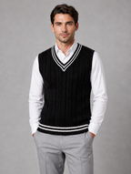Men’s Cable Knit V-Neck Sweater Vest – Classic Sleeveless Knitted Tank Top — Black