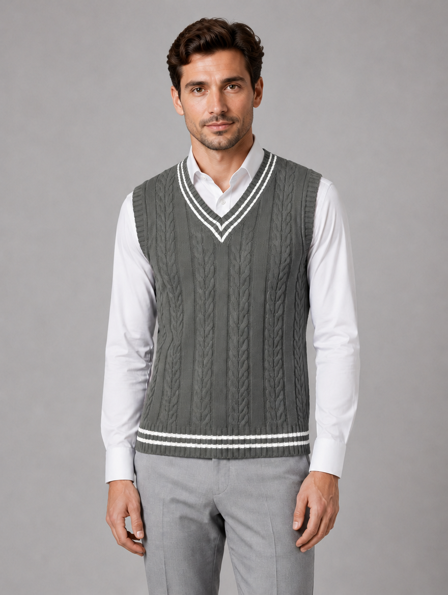 Men’s Cable Knit V-Neck Sweater Vest – Classic Sleeveless Knitted Tank Top — Grey