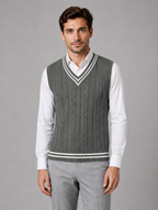 Men’s Cable Knit V-Neck Sweater Vest – Classic Sleeveless Knitted Tank Top — Grey
