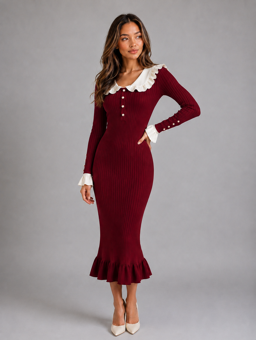 Women’s Ribbed Knit Bodycon Midi Dress — Burgundy
