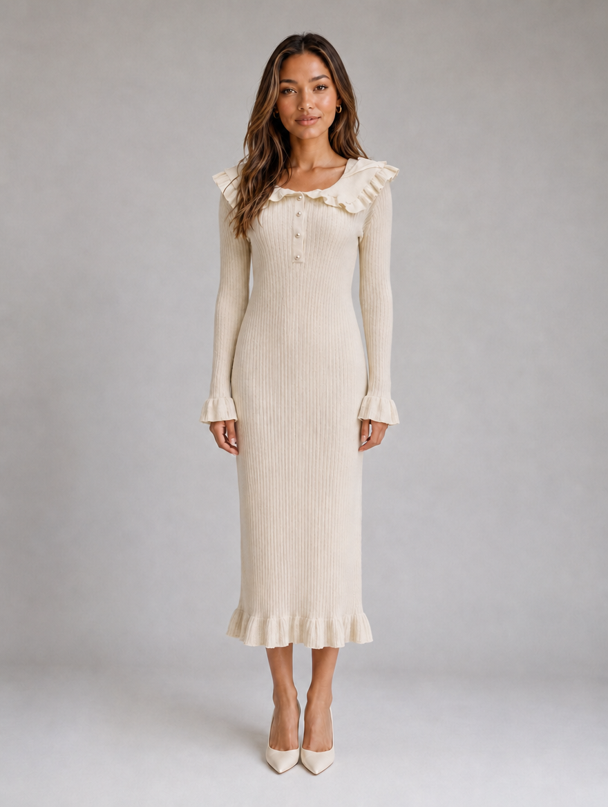 Women’s Ribbed Knit Bodycon Midi Dress — White