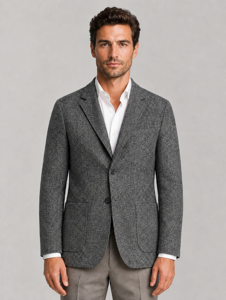 Men’s Textured Blazer – Single Breasted Tailored Jacket with Patch Pockets — Grey