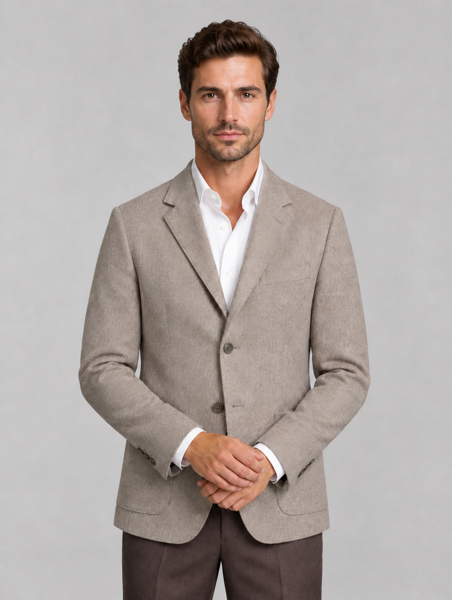 Men’s Textured Blazer – Single Breasted Tailored Jacket with Patch Pockets — Beige