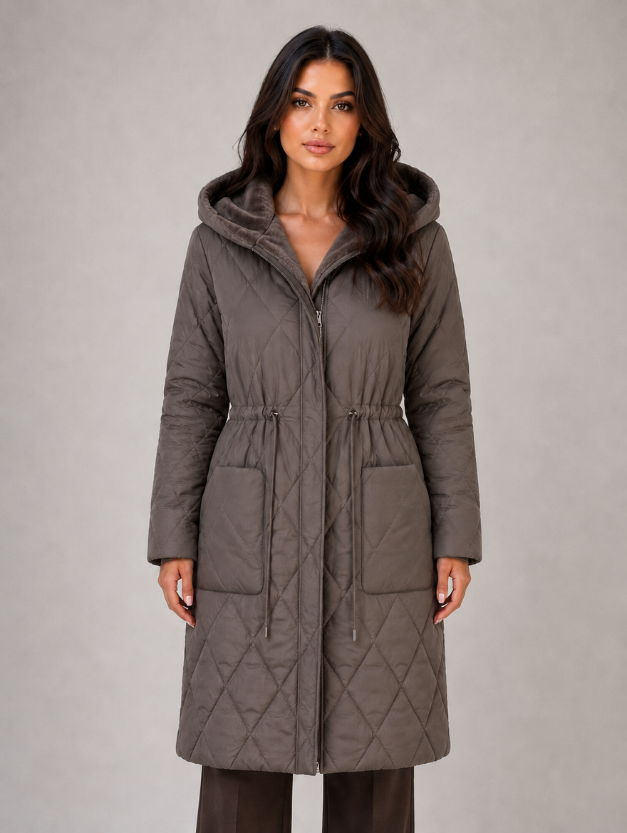 Women’s Long Quilted Puffer Coat – Faux Fur Collar Winter Coat — Brown