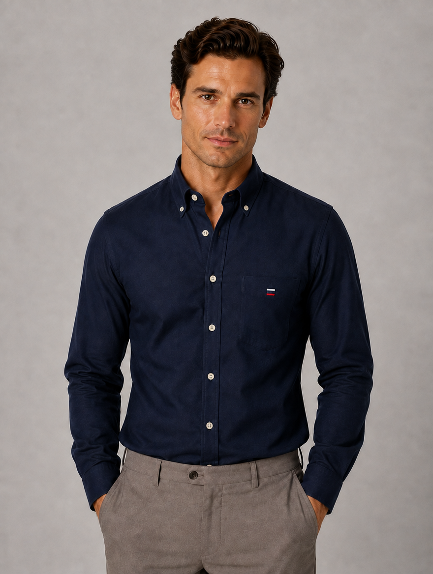 Men’s Long Sleeve Cotton Shirt – Regular Fit Smart Casual Dress Shirt — Navy
