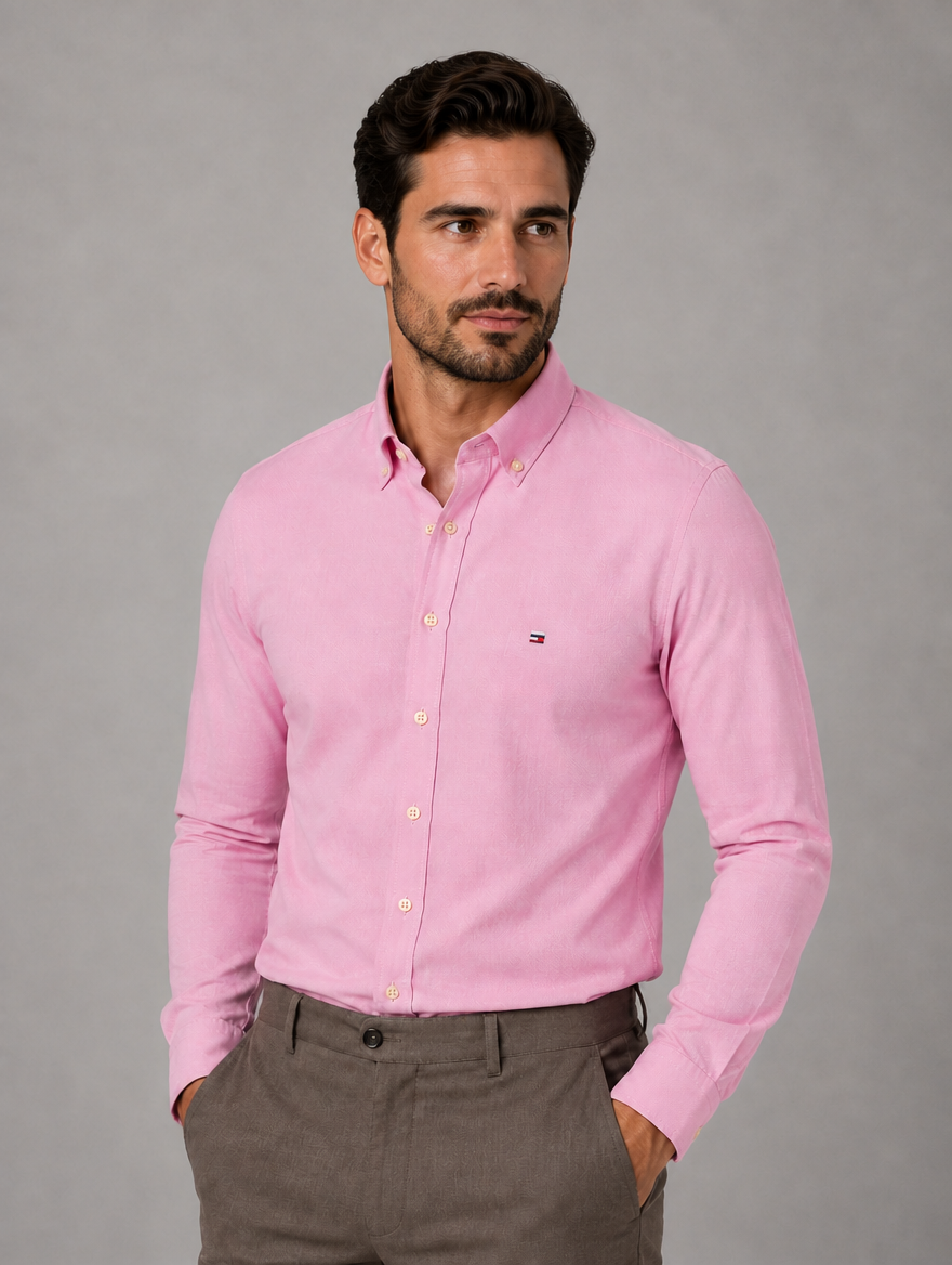 Men’s Long Sleeve Cotton Shirt – Regular Fit Smart Casual Dress Shirt — Pink
