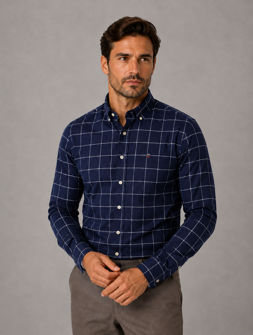 Men’s Long Sleeve Cotton Shirt – Regular Fit Smart Casual Dress Shirt — Navy Check