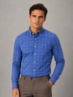 Men’s Long Sleeve Cotton Shirt – Regular Fit Smart Casual Dress Shirt — Blue Check
