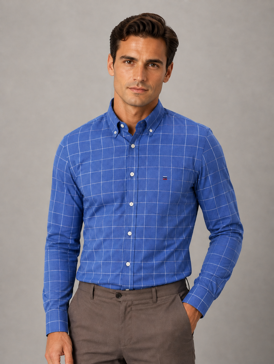 Men’s Long Sleeve Cotton Shirt – Regular Fit Smart Casual Dress Shirt — Blue Check