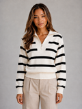 Women’s Striped Half-Zip Knitted Jumper – Relaxed Collar Knit — Cream