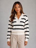 Women’s Striped Half-Zip Knitted Jumper – Relaxed Collar Knit — Cream