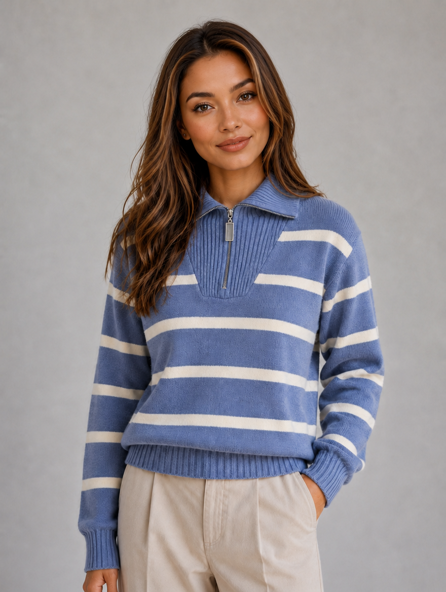 Women’s Striped Half-Zip Knitted Jumper – Relaxed Collar Knit — Blue