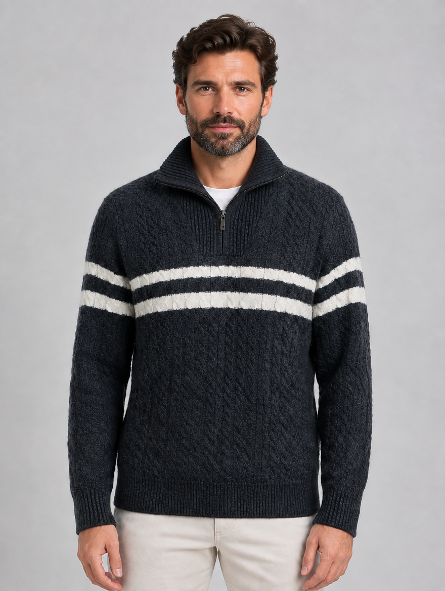 Men’s Wool Cable Knit Half-Zip Jumper – Striped High Neck Pullover — Dark Grey