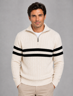 Men’s Wool Cable Knit Half-Zip Jumper – Striped High Neck Pullover — Cream
