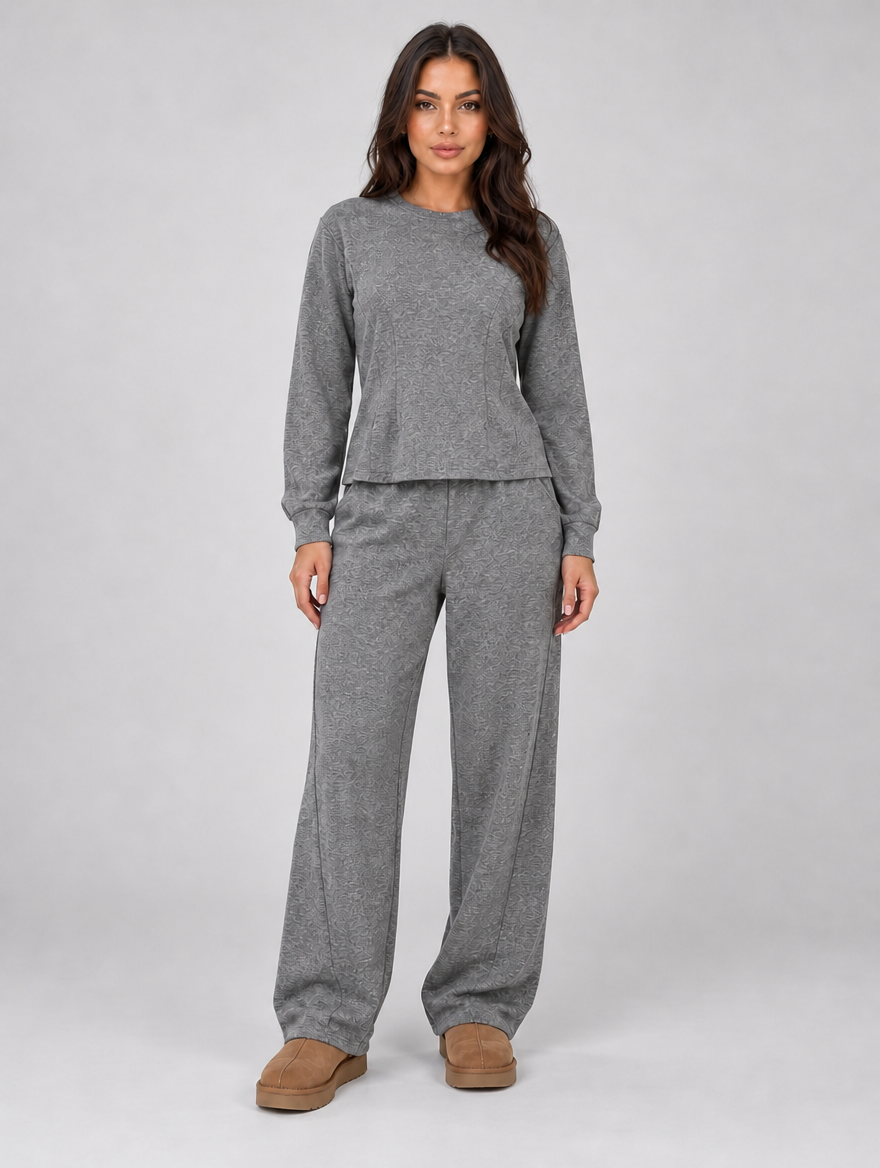 Women’s Soft Lounge Co-Ord Set – Fitted Top & Wide Leg Trousers — Grey