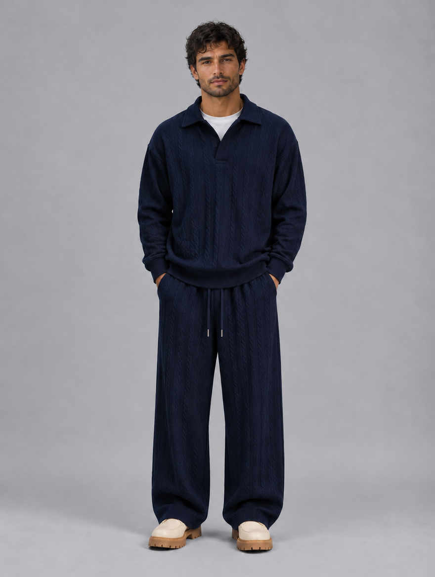 Men’s Cable Knit Two-Piece Set – Collared Top & Wide-Leg Trousers — Navy