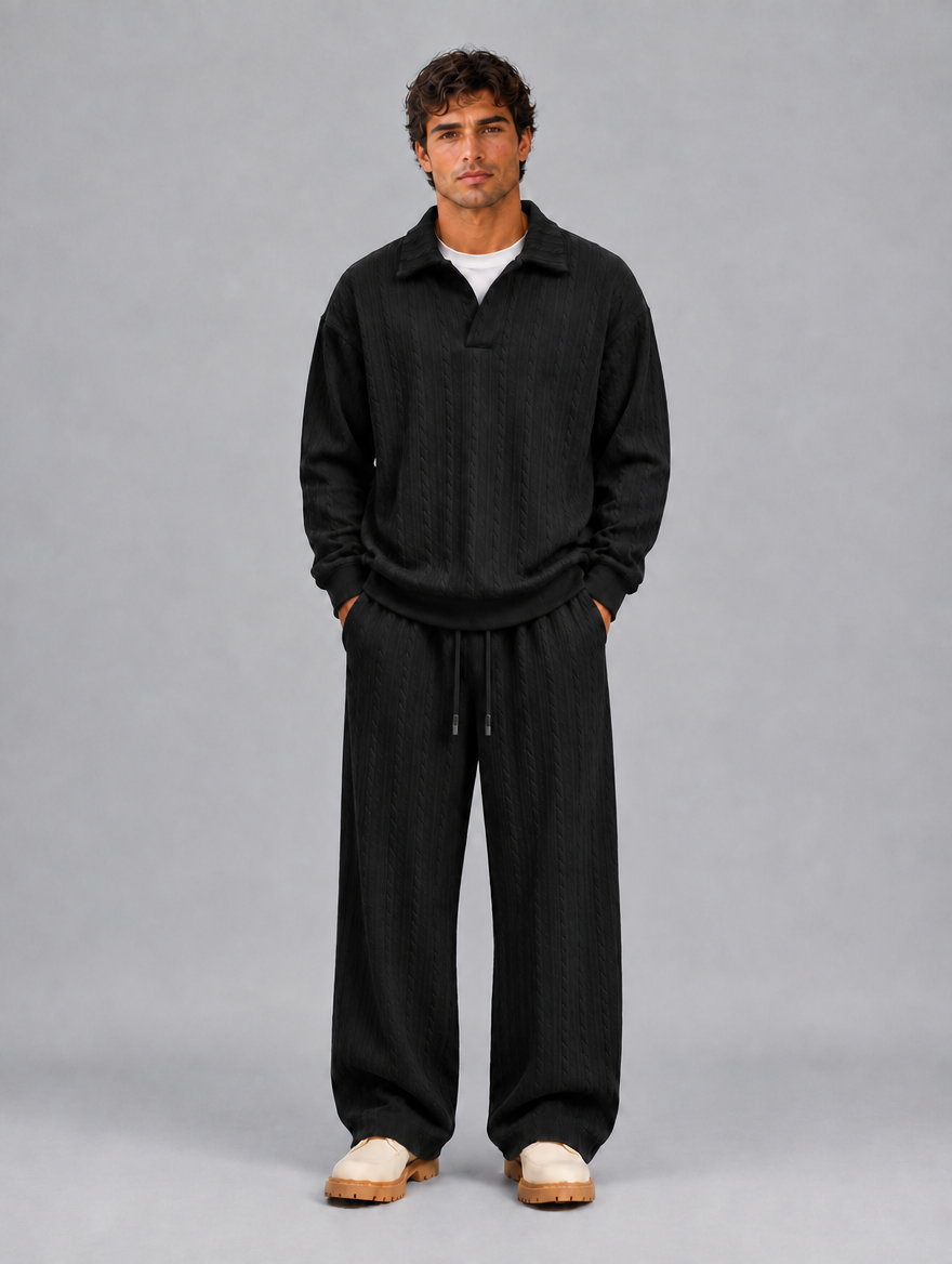 Men’s Cable Knit Two-Piece Set – Collared Top & Wide-Leg Trousers — Black
