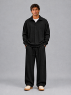 Men’s Cable Knit Two-Piece Set – Collared Top & Wide-Leg Trousers — Black