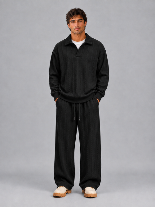 Men’s Cable Knit Two-Piece Set – Collared Top & Wide-Leg Trousers — Black