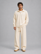 Men’s Cable Knit Two-Piece Set – Collared Top & Wide-Leg Trousers — Cream