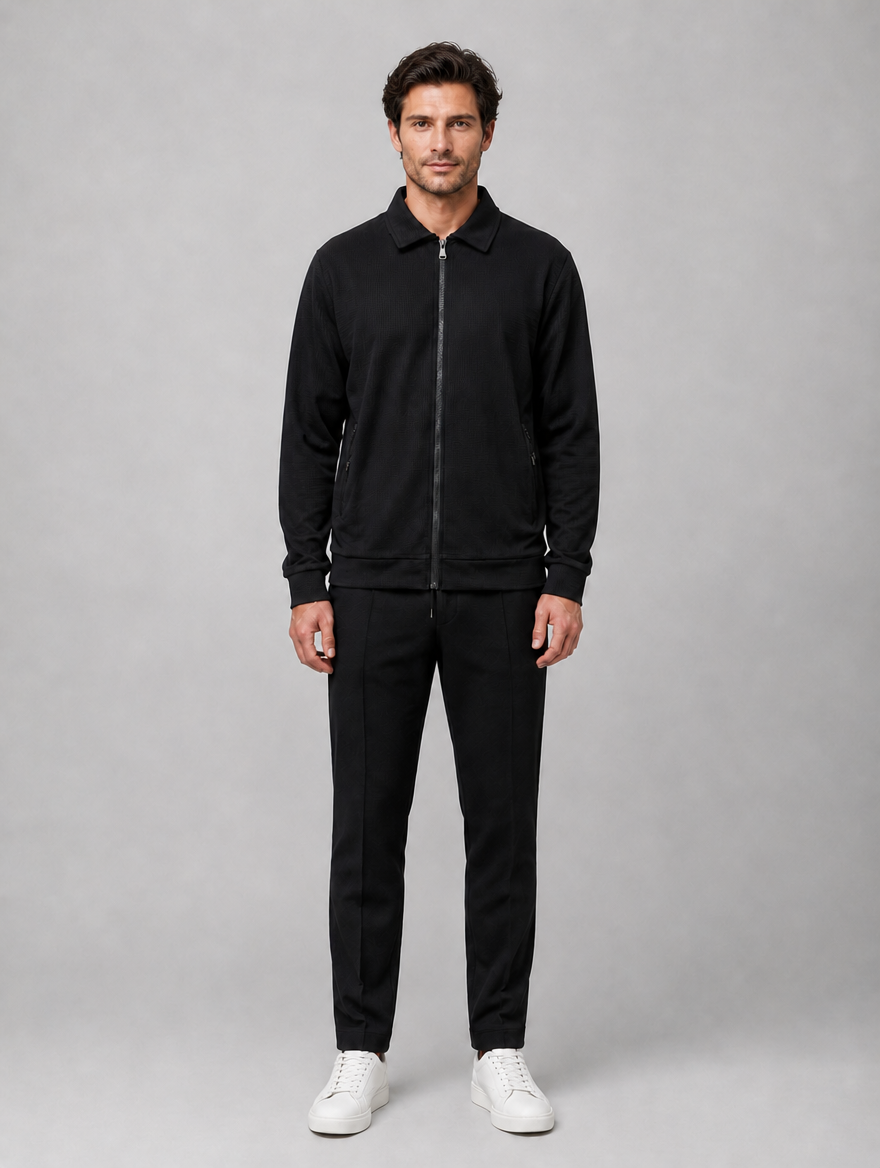 Men’s Two-Piece Zip Jacket & Trousers Set – Textured Smart Casual Co-Ord — Black