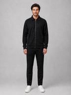 Men’s Two-Piece Zip Jacket & Trousers Set – Textured Smart Casual Co-Ord — Black