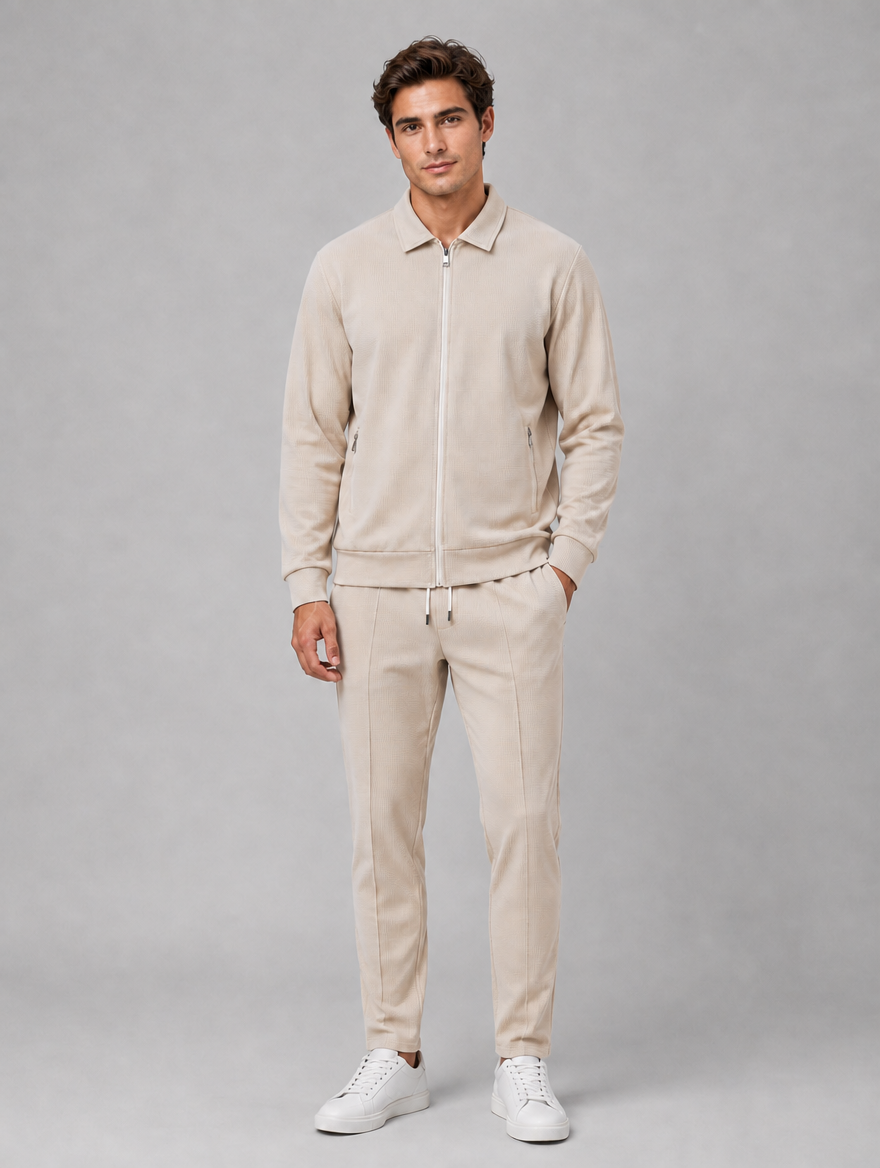 Men’s Two-Piece Zip Jacket & Trousers Set – Textured Smart Casual Co-Ord — Beige