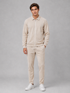 Men’s Two-Piece Zip Jacket & Trousers Set – Textured Smart Casual Co-Ord — Beige