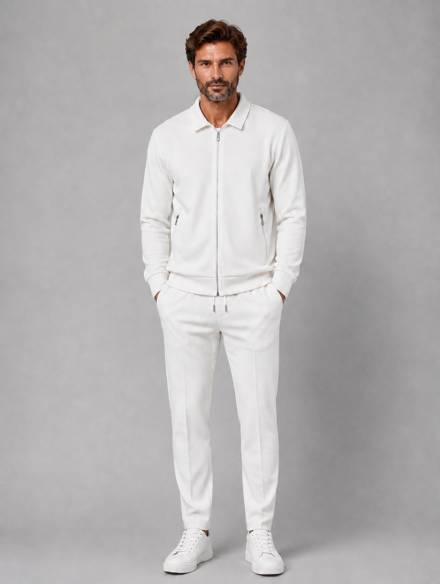 Men’s Two-Piece Zip Jacket & Trousers Set – Textured Smart Casual Co-Ord — White