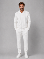 Men’s Two-Piece Zip Jacket & Trousers Set – Textured Smart Casual Co-Ord — White