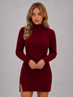 Women’s Cable Knit Jumper Mini Dress – Roll Neck Long Sleeve — Red