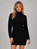 Women’s Cable Knit Jumper Mini Dress – Roll Neck Long Sleeve — Black