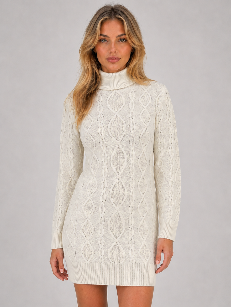 Women’s Cable Knit Jumper Mini Dress – Roll Neck Long Sleeve — Cream