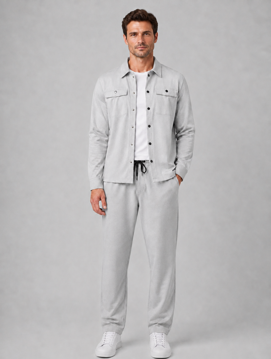 Men’s Two-Piece Overshirt & Trousers Set — Light Grey