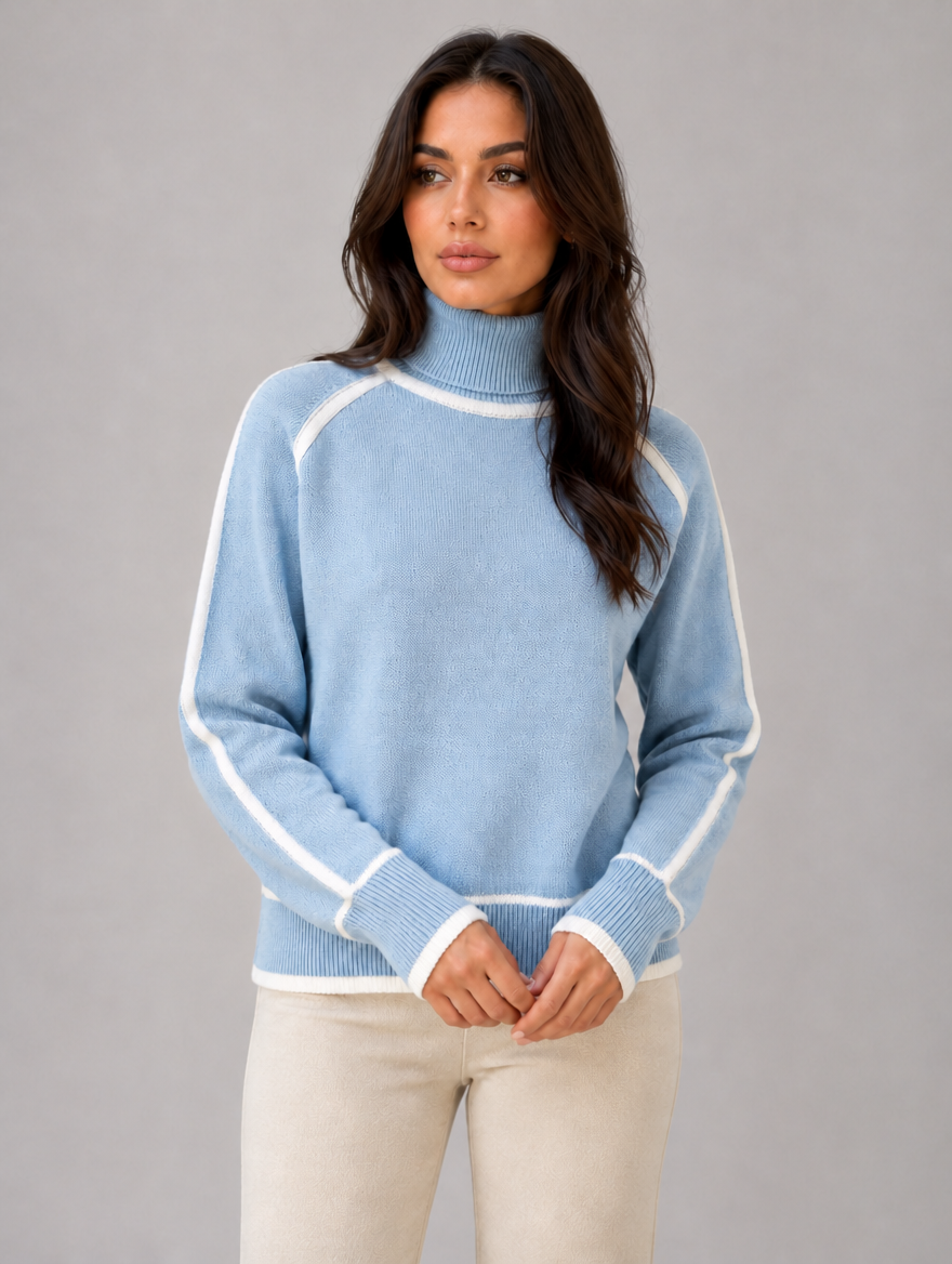 Women’s Roll Neck Jumper – Soft Relaxed Knit Top — Light Blue