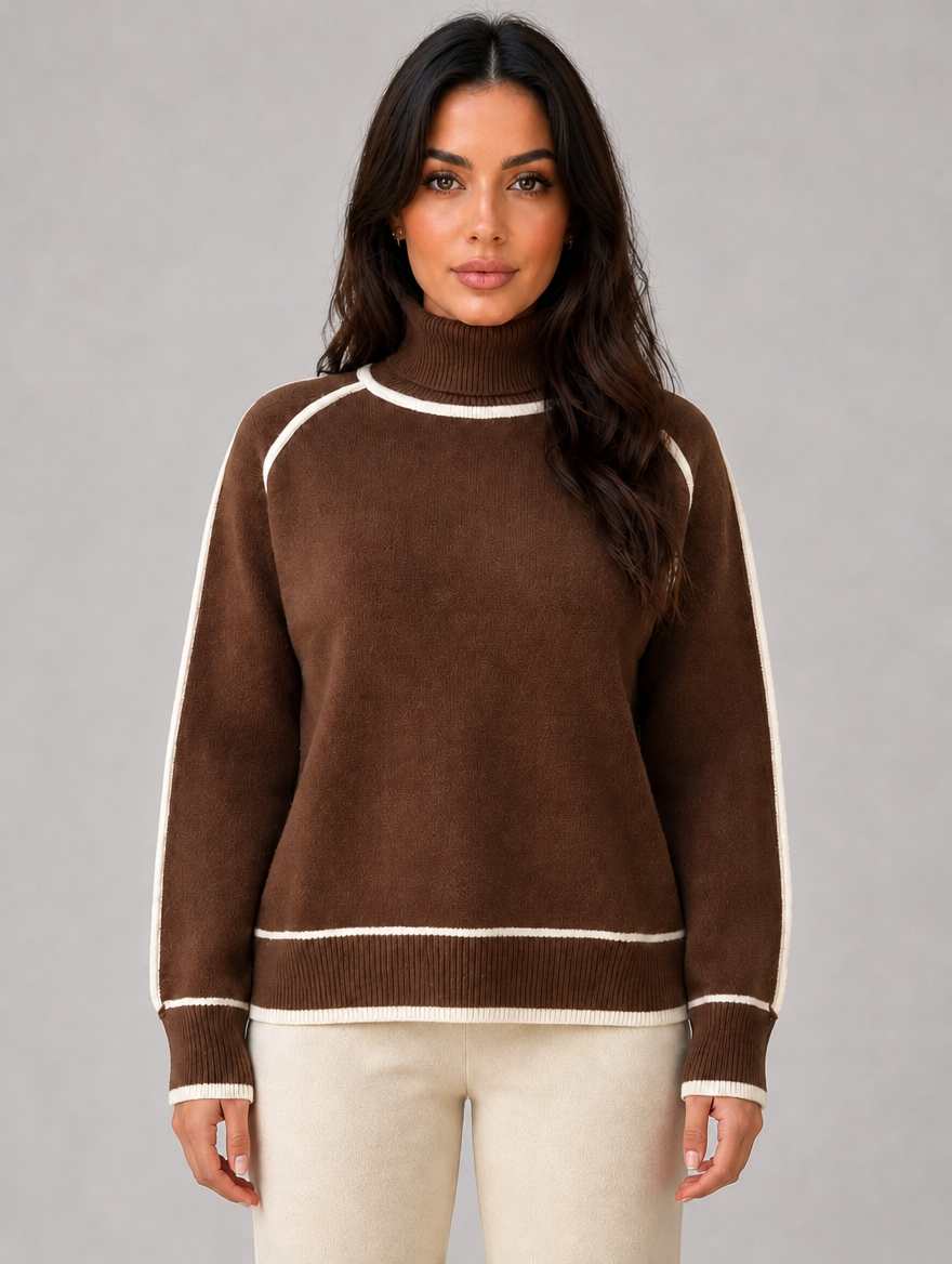 Women’s Roll Neck Jumper – Soft Relaxed Knit Top — Brown